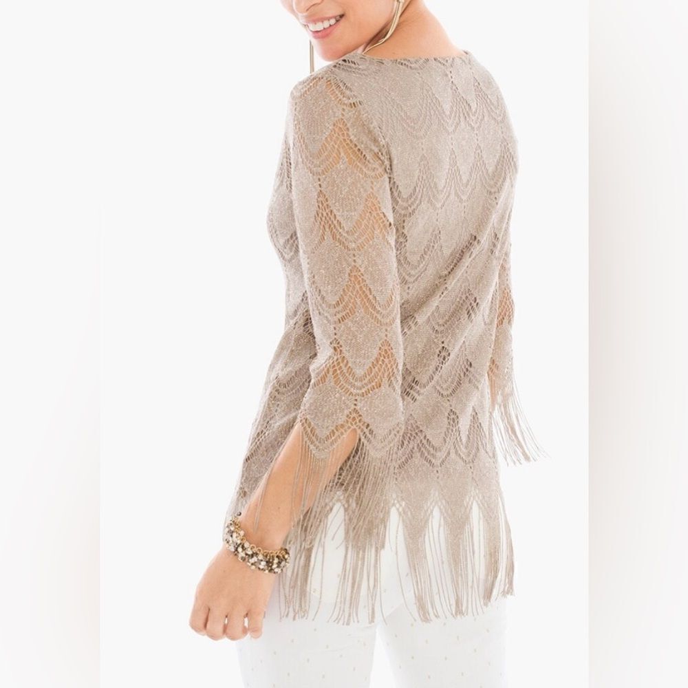Chico’s Gold Metallic Scalloped Fringe Trim Dressy Top - Picture 2 of 11